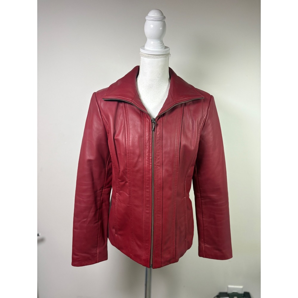 Kenneth Cole Reaction Womens Red Leather Jacket Full Zip Moto Biker Size M